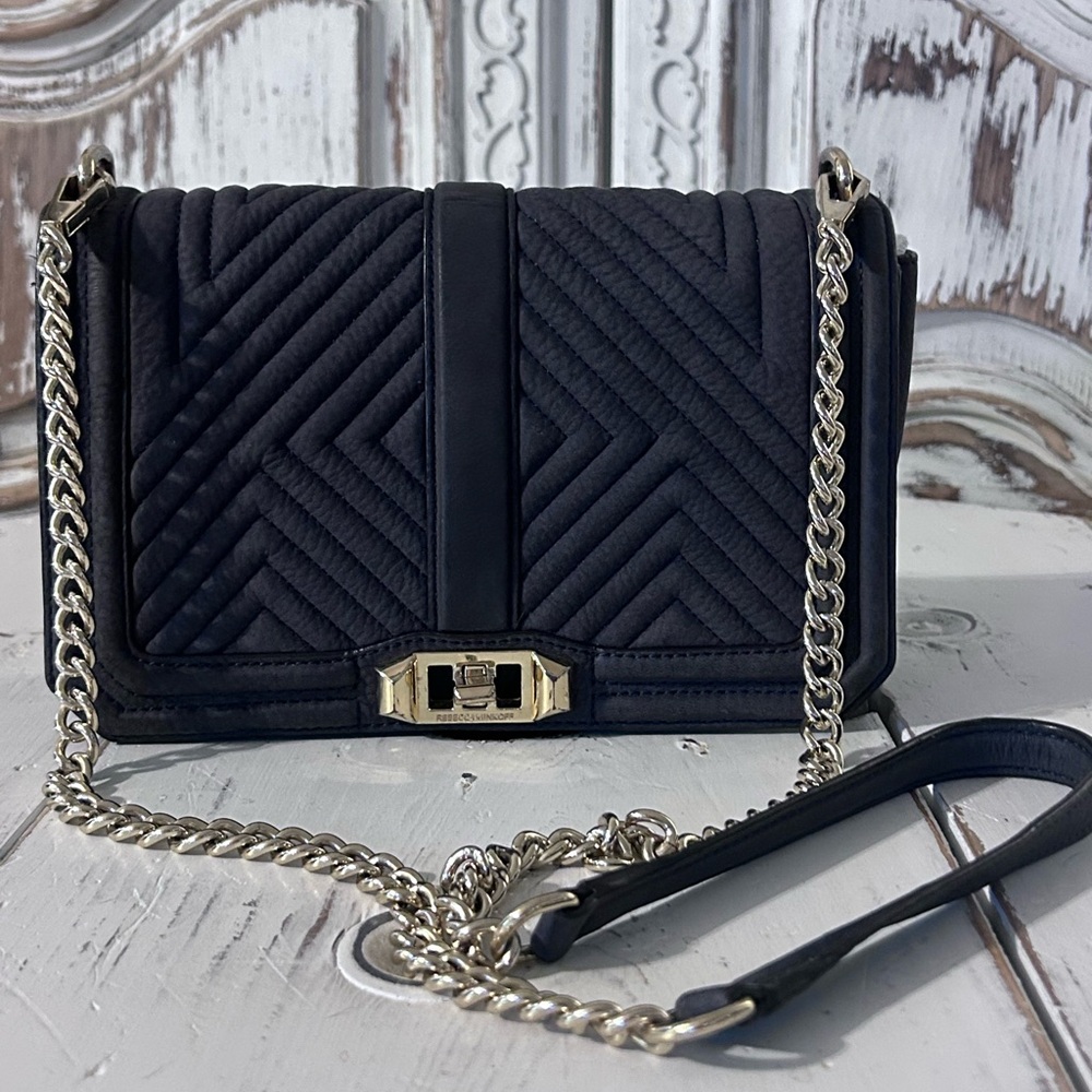 Rebecca Minkoff Small Suede Navy Geo Quilted Love Crossbody